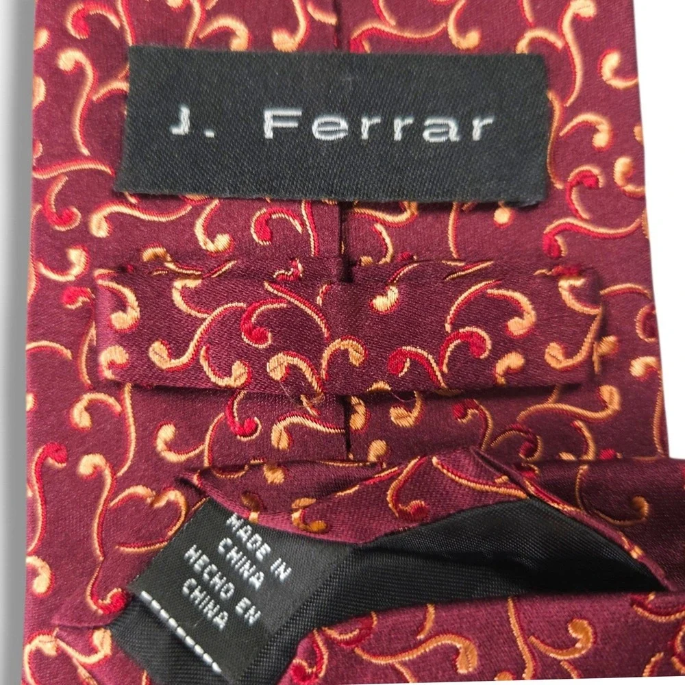 J Ferrar Silk Jacquard Necktie Abstract Scroll Burgundy Gold Red Classic Wide OS